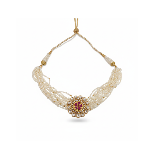 La Diamantes | Red Glass Moissanite & Zircon Pearl Choker Necklace
