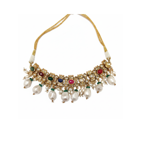 La Diamantes | Navratan & Pearl Temple Choker Necklace