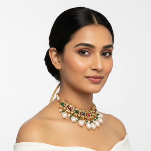 La Diamantes | Navratan & Pearl Temple Choker Necklace