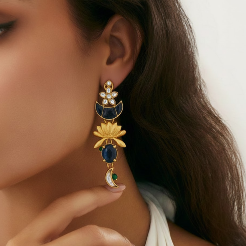 La Diamantes | Blue Lotus Crescent Drop Earrings