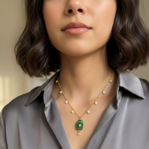 La Diamantes | Green Quartz Pearl & Zircon Drop Necklace